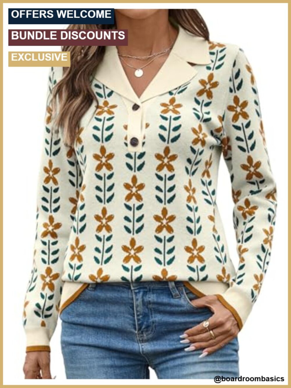 Snap Button Henley V-Neck Collared Pullover Sweater